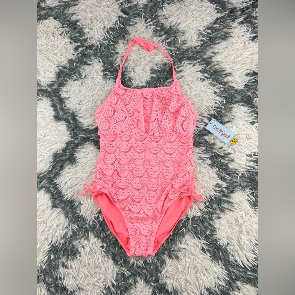 NWT Cat & Jack Kids Girls Pink Halter One Piece Swimsuit Size Large